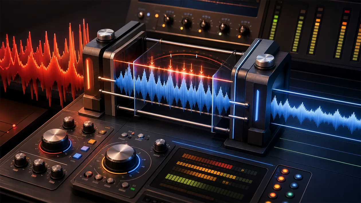 Illustration for MeldaProduction MLimiter: audio waves are controlled in mastering and exported cleanly