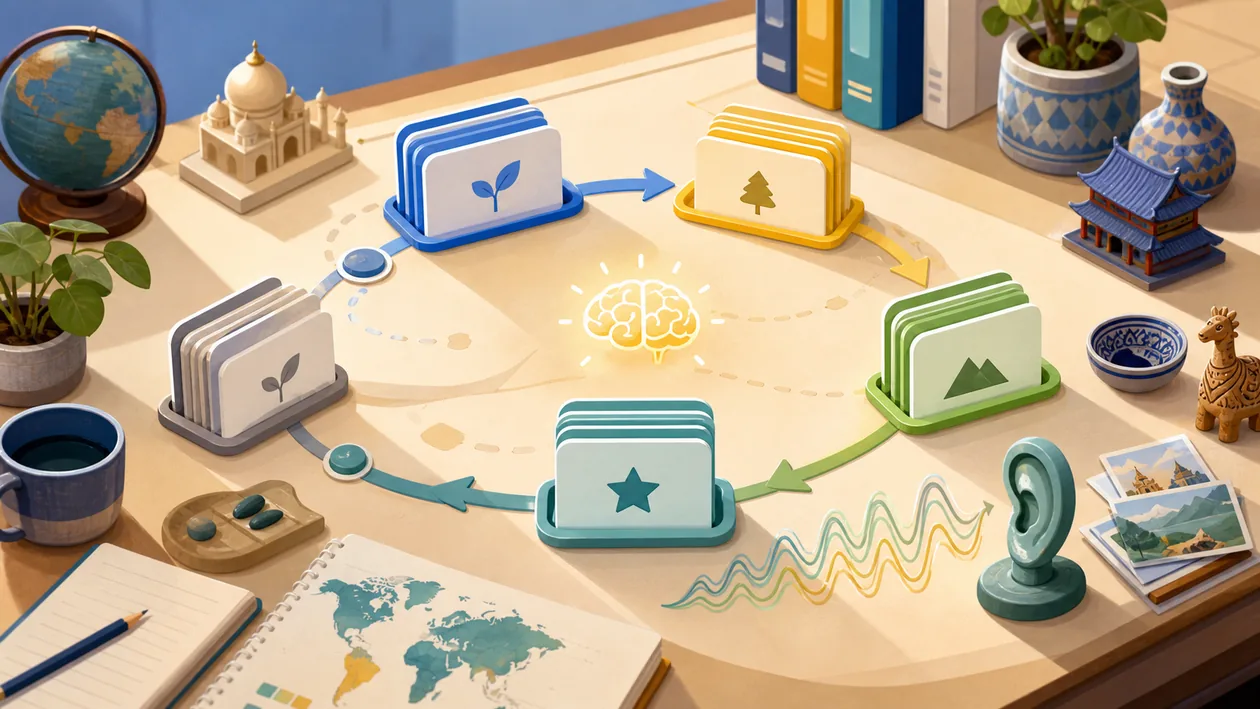 Illustration zu Memrise: Vokabelkarten wandern durch Wiederholungszyklen und Sprachuebung