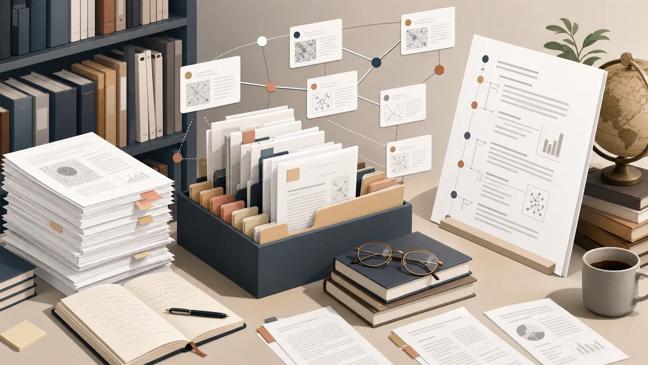 Illustration for Mendeley: PDFs, reference cards, and citation paths are organized into a research library