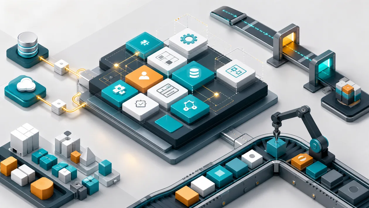Illustration for Mendix: process blocks, data connectors, and deployment gates assemble into a low-code app