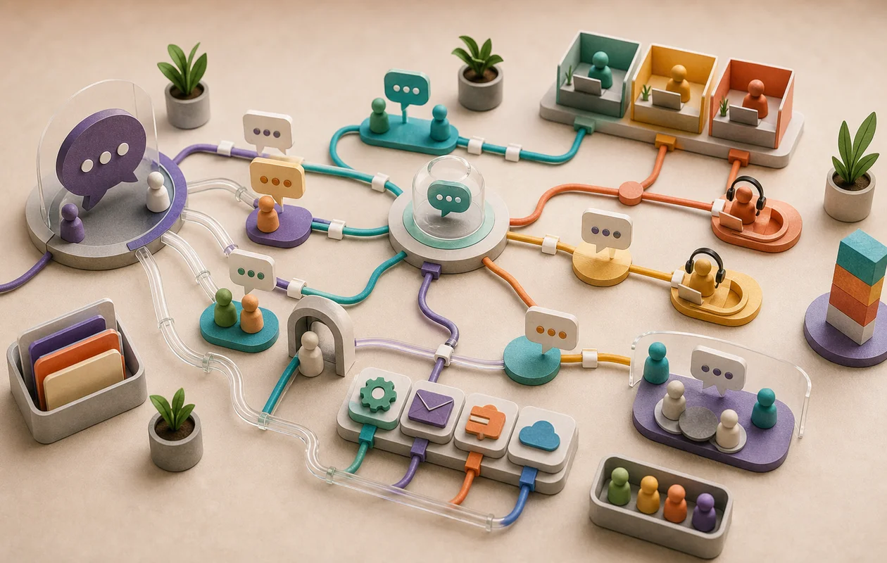 Illustration for Meya: chatbot paths, integrations, and support handoffs move through a service workshop