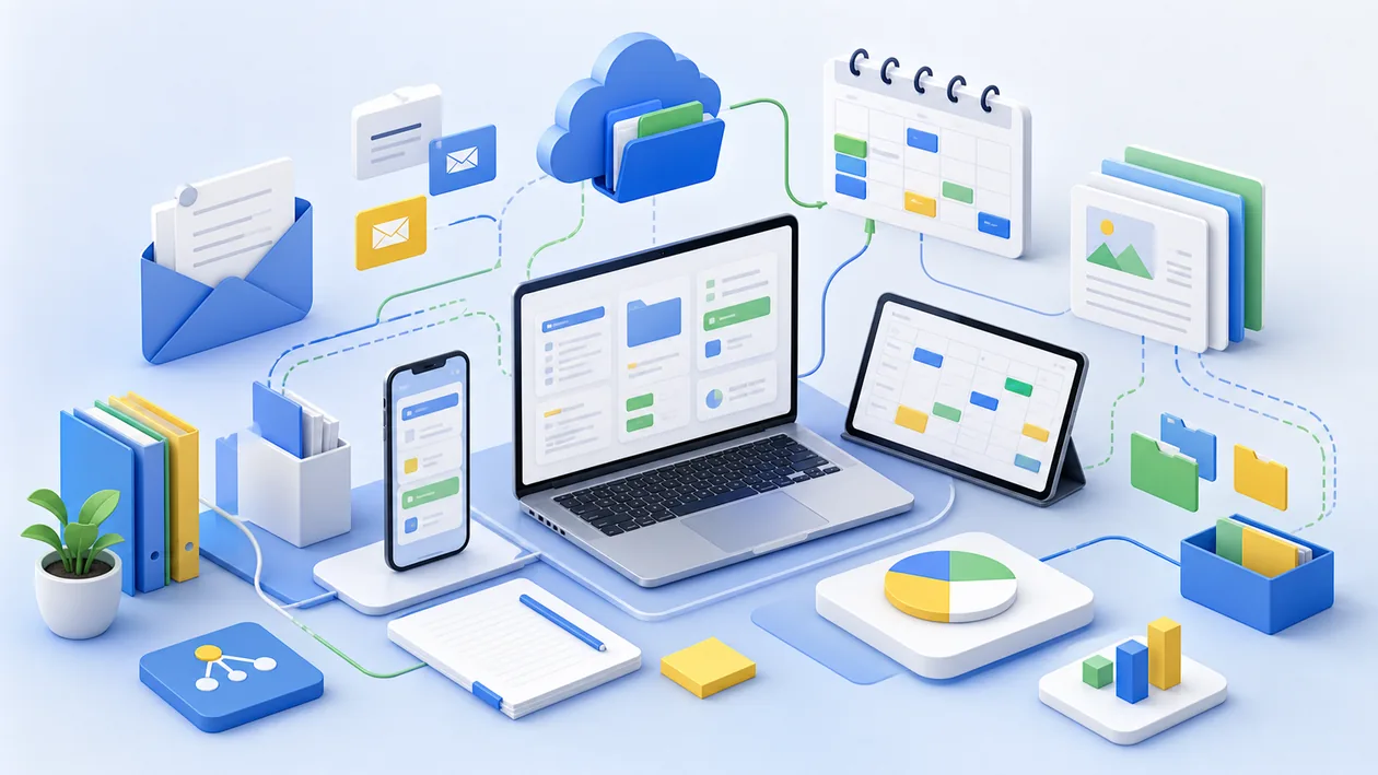 Illustration for Microsoft 365: documents, calendars, email, and cloud files converge in one workspace