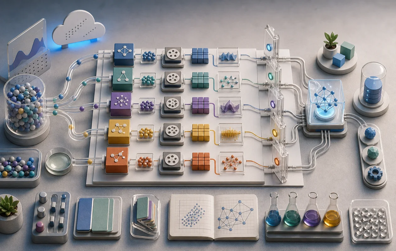 Illustration for Microsoft Azure Automated ML: model candidates, validation gates, and deployment tracks form an AutoML line