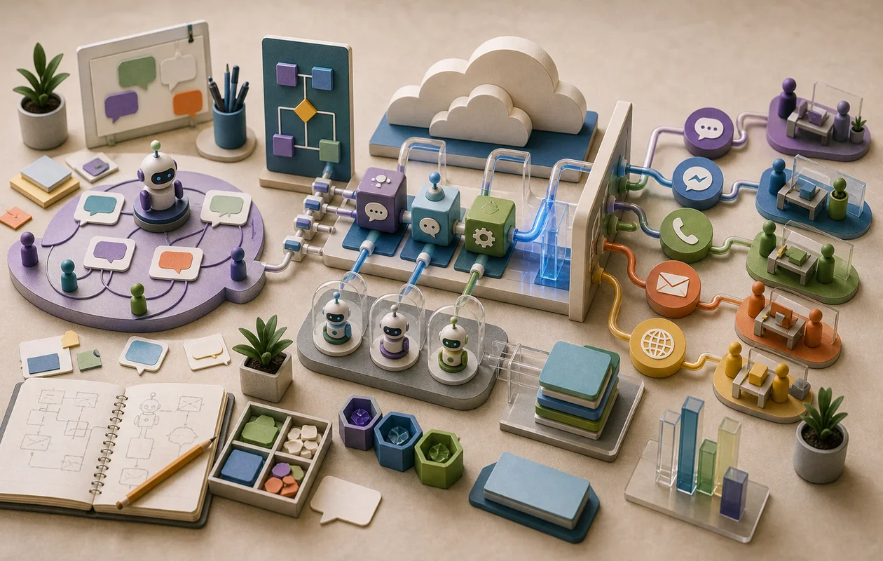 Illustration for Microsoft Azure Bot Service: editorial workflow scene for Microsoft Azure Bot Service with tool-related work objects
