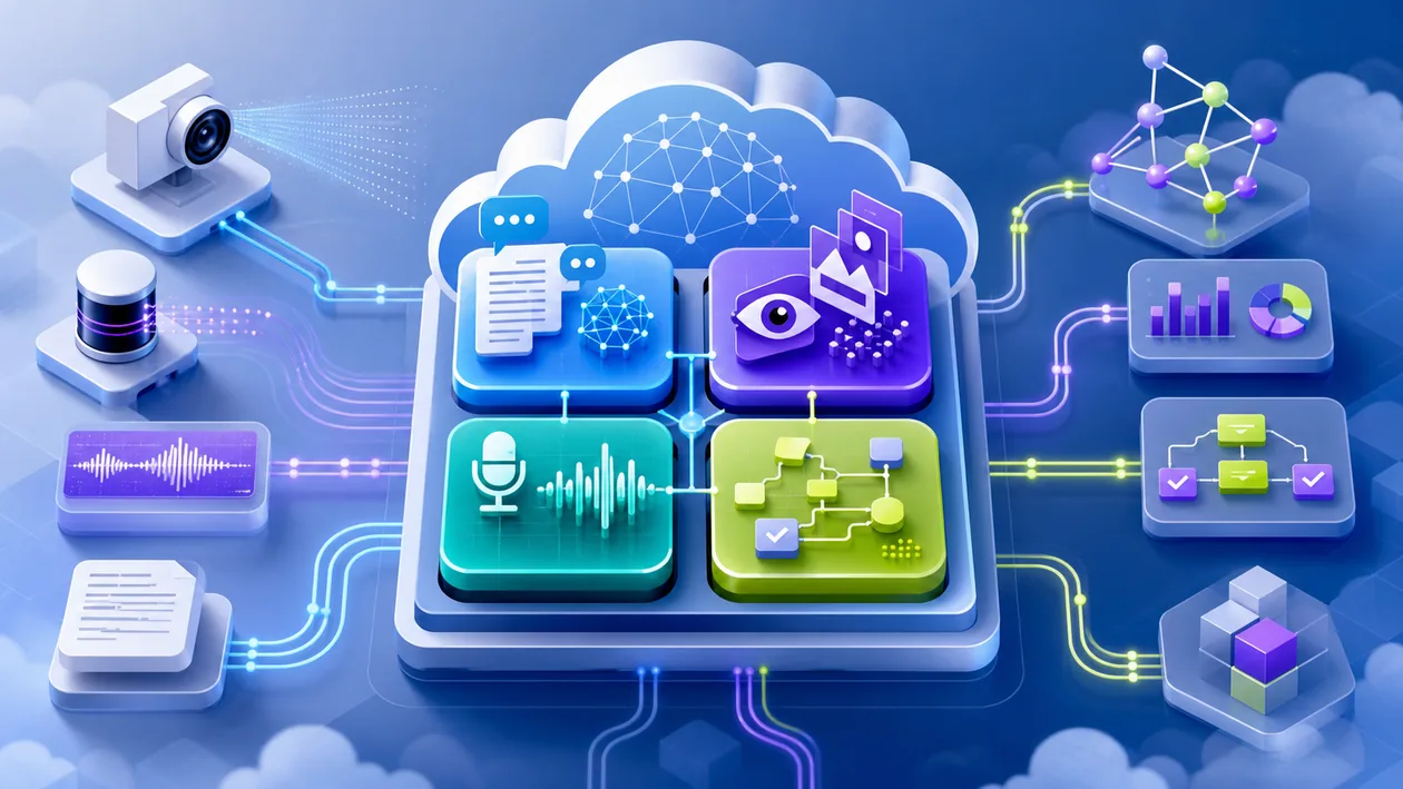 Illustration for Microsoft Azure Cognitive Services: language, vision, and decision services are connected as cloud AI modules