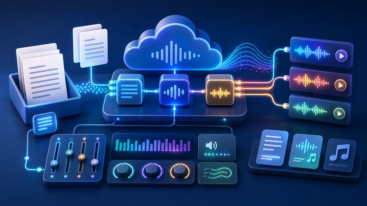 Illustration for Microsoft Azure Cognitive Services - Text to Speech: document pages turn into speech waves through a cloud pipeline