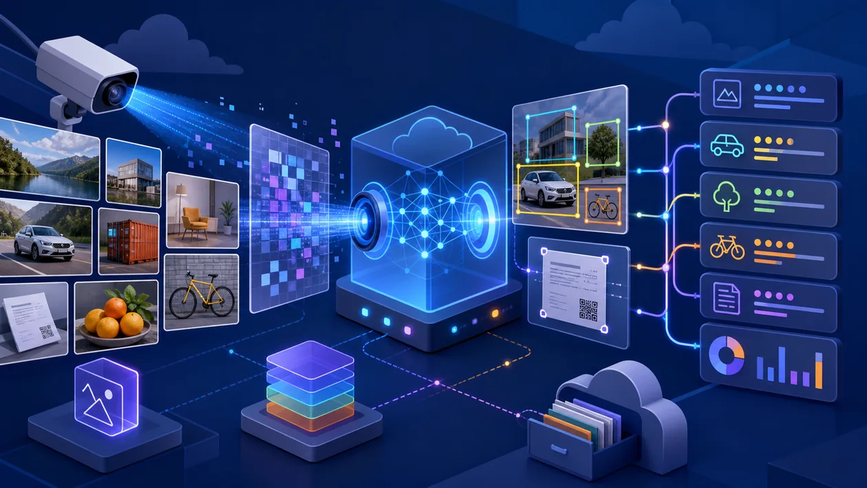 Illustration for Microsoft Azure Computer Vision: image tiles are analyzed and translated into structured visual signals