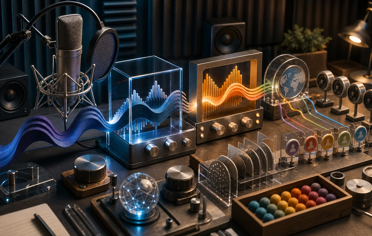 Illustration for Microsoft Azure Speech Service: editorial workflow scene for Microsoft Azure Speech Service with tool-related work objects