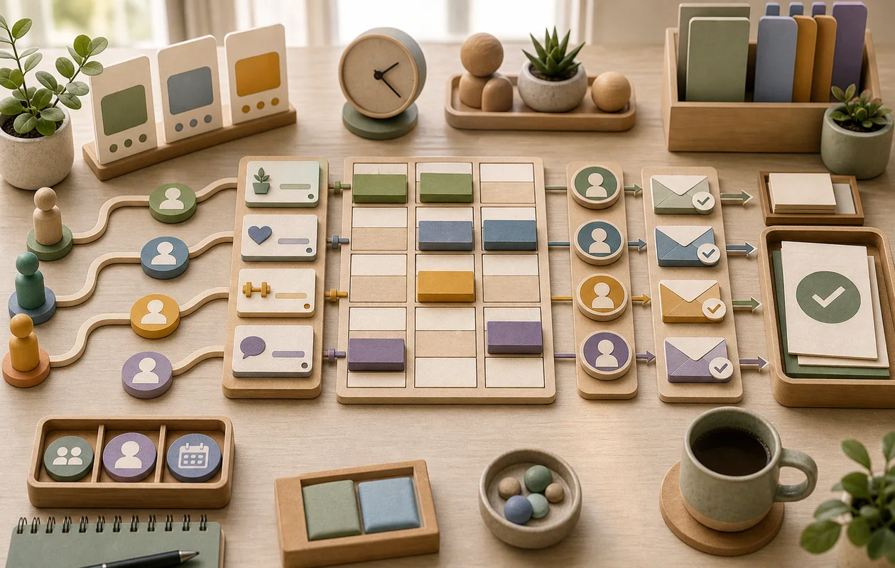 Illustration for Microsoft Bookings: editorial workflow scene for Microsoft Bookings with tool-related work objects