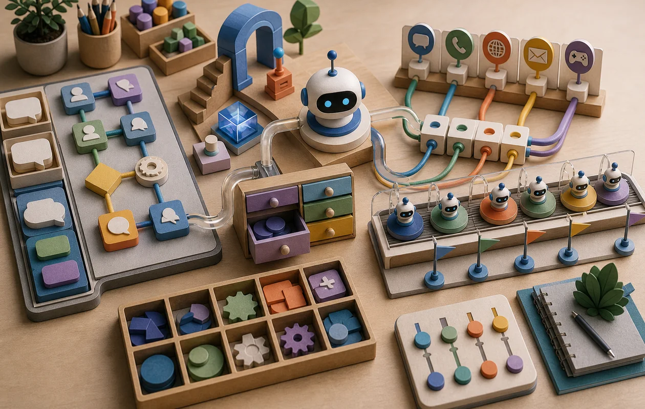 Illustration for Microsoft Bot Framework: editorial workflow scene for Microsoft Bot Framework with tool-related work objects