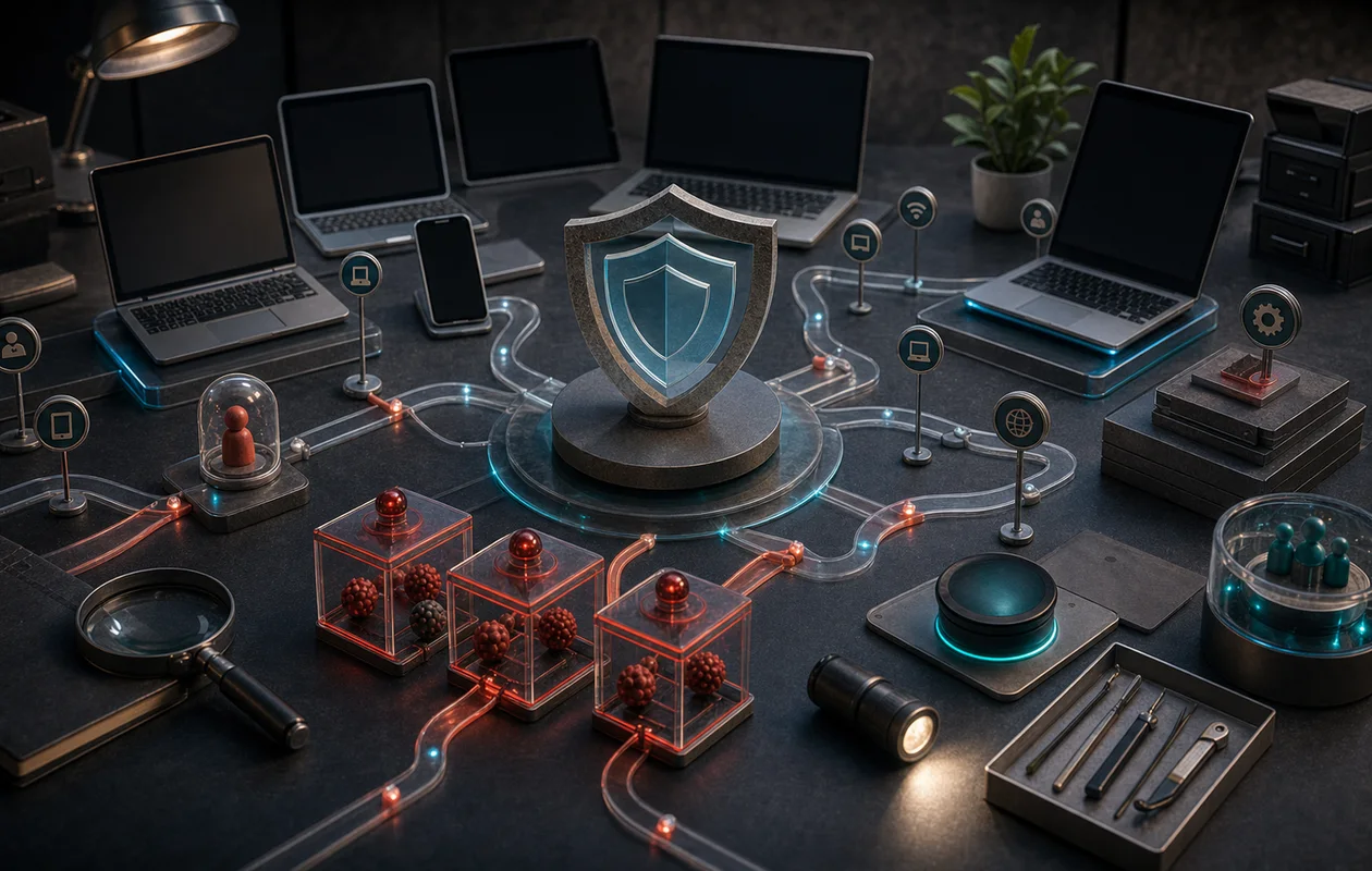 Illustration for Microsoft Defender for Endpoint: editorial workflow scene for Microsoft Defender for Endpoint with tool-related work objects