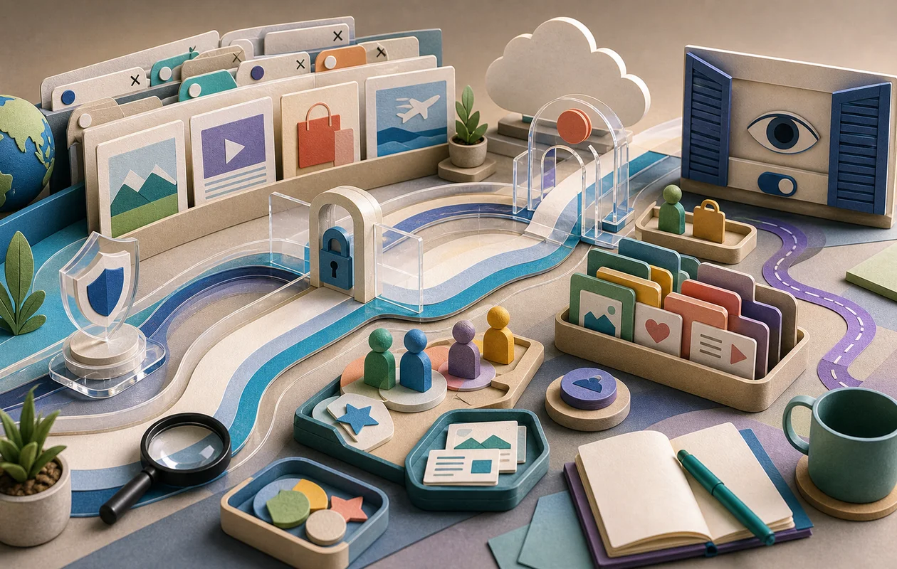 Illustration for Microsoft Edge: editorial workflow scene for Microsoft Edge with tool-related work objects