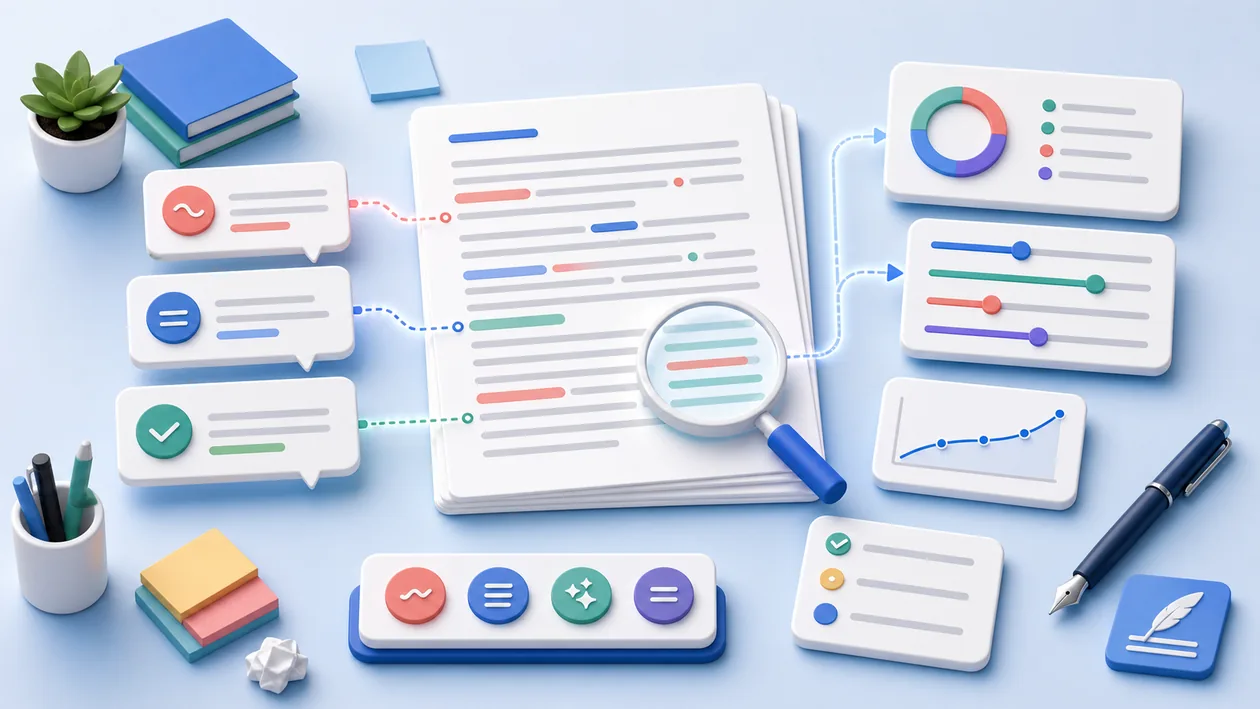 Illustration zu Microsoft Editor: Dokumententwuerfe werden mit Pruefsignalen, Stilmarken und Klarheitsmarkern verbessert
