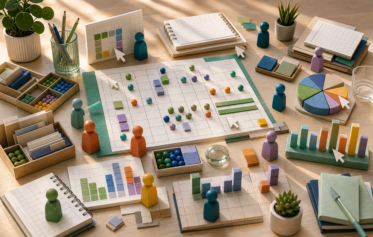 Illustration for Microsoft Excel Online: editorial workflow scene for Microsoft Excel Online with tool-related work objects