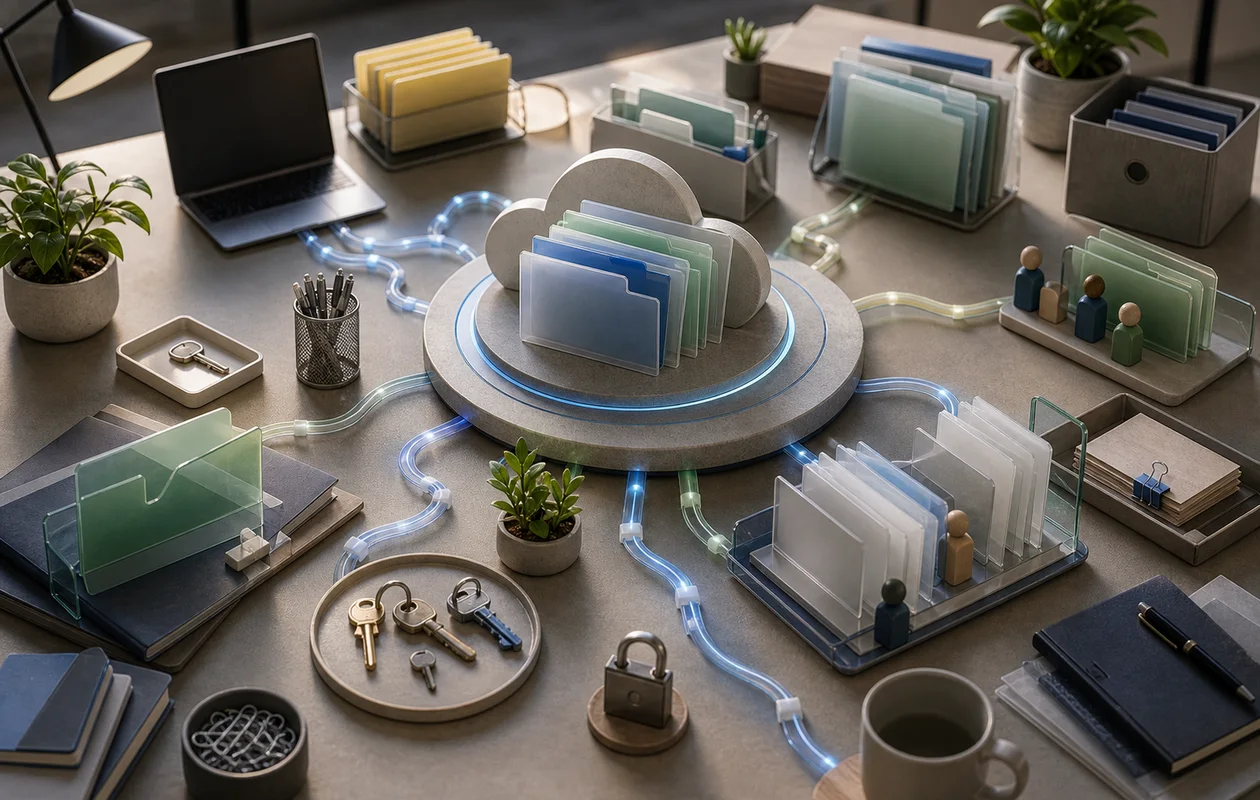 Illustration for Microsoft OneDrive for Business: editorial workflow scene for Microsoft OneDrive for Business with tool-related work objects