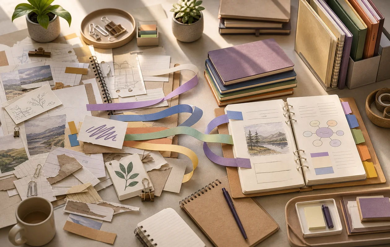 Illustration for Microsoft OneNote: editorial workflow scene for Microsoft OneNote with tool-related work objects