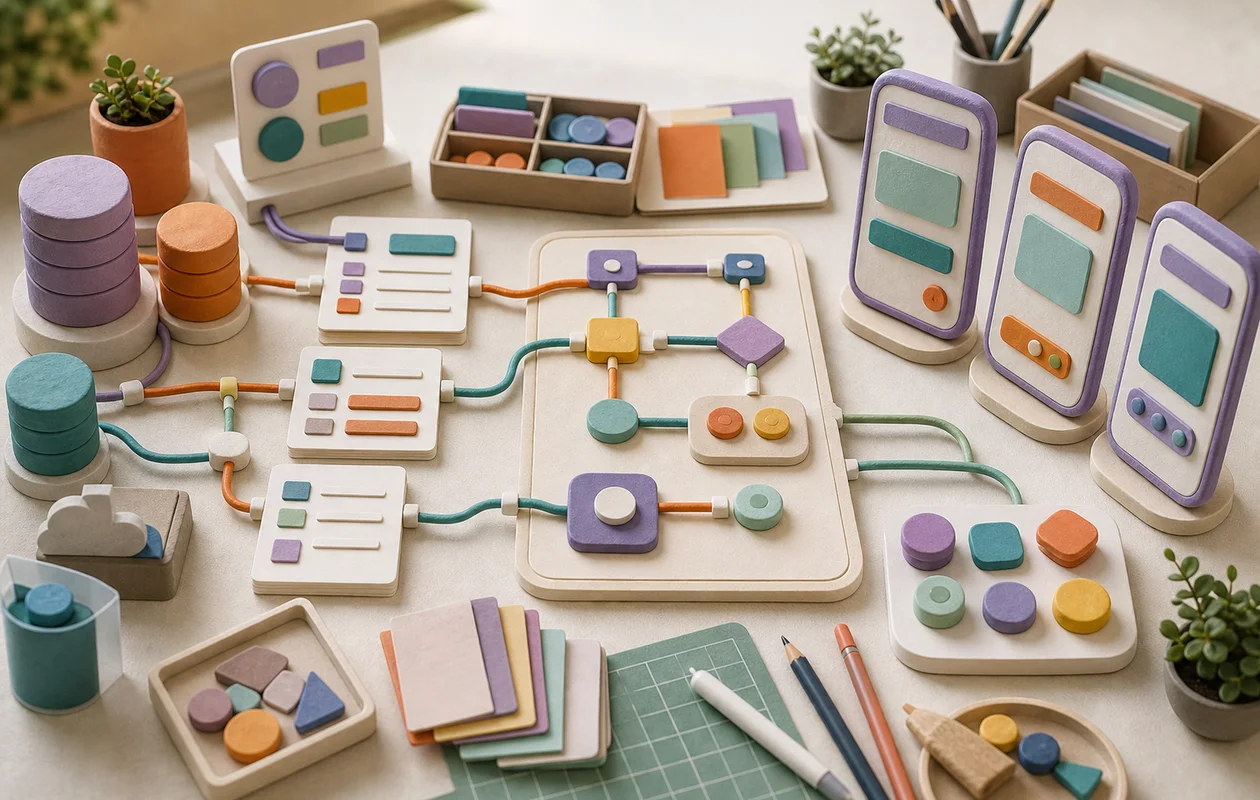 Illustration for Microsoft Power Apps: editorial workflow scene for Microsoft Power Apps with tool-related work objects