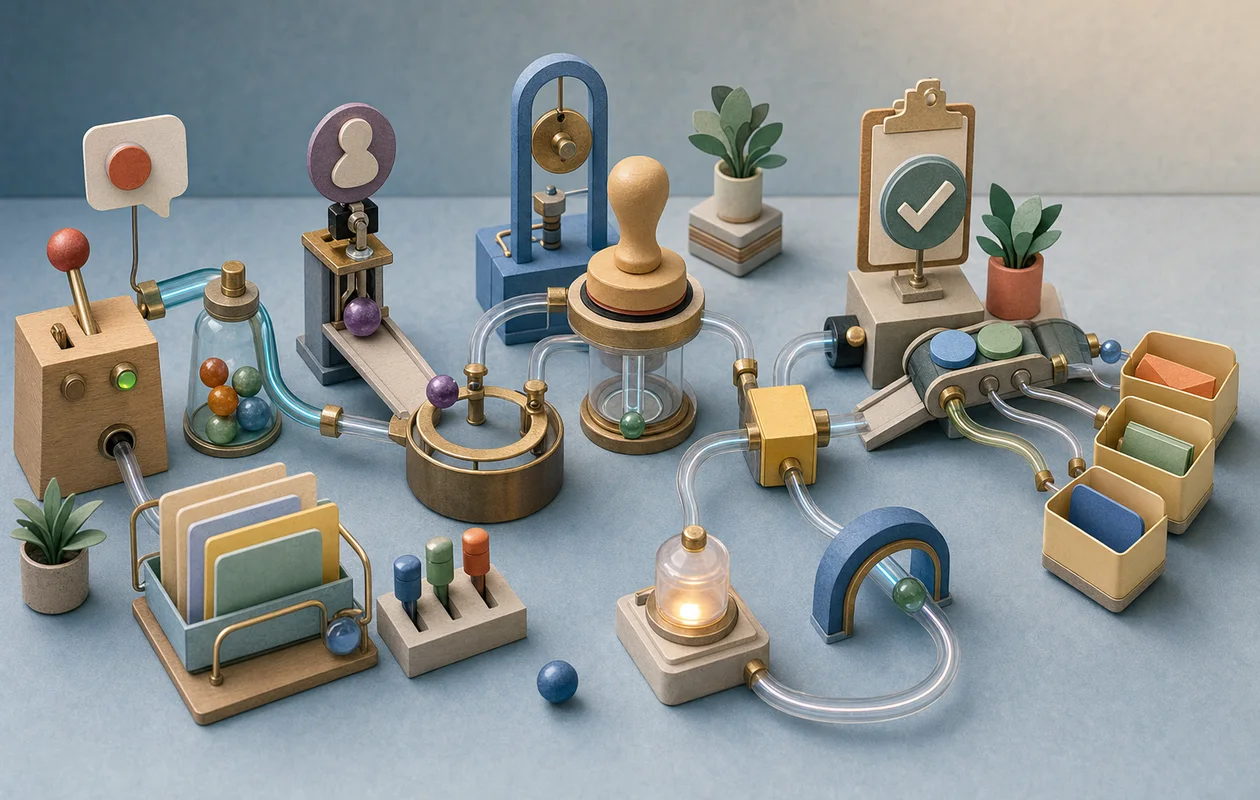 Illustration for Microsoft Power Automate: editorial workflow scene for Microsoft Power Automate with tool-related work objects