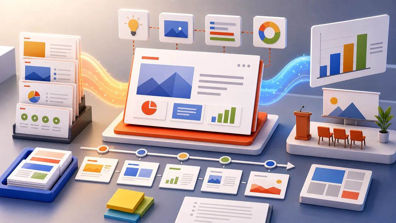 Illustration for Microsoft PowerPoint: slides, charts, and story paths are assembled into a presentation