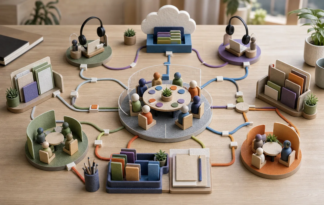 Illustration zu Microsoft Teams: redaktionelle Workflow-Szene zu Microsoft Teams mit toolbezogenen Arbeitsobjekten