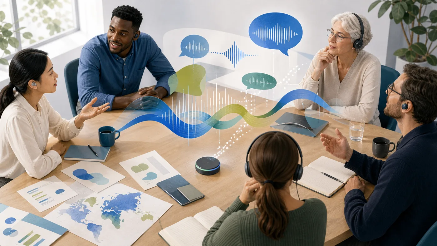 Illustration for Microsoft Translator: colored voice waves connecting a multilingual meeting