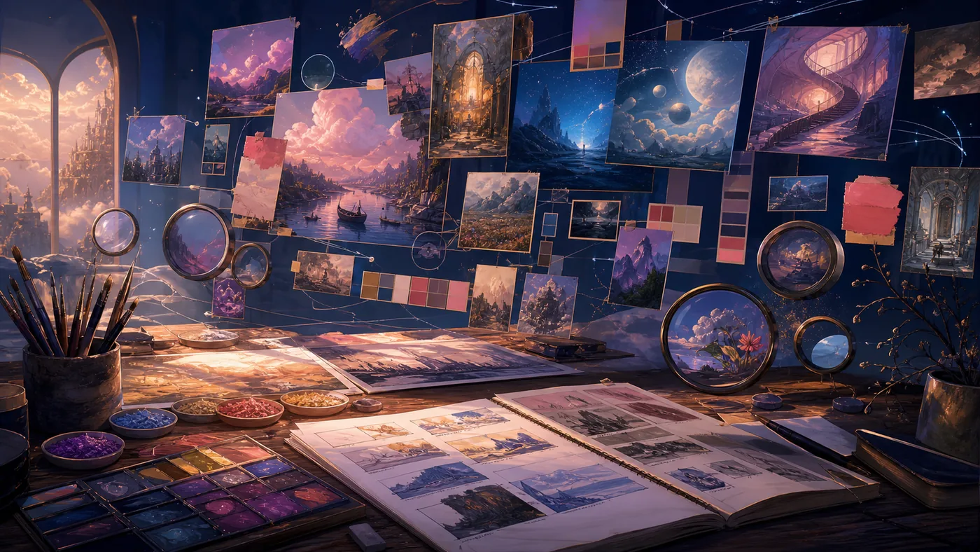 Illustration zu Midjourney: Moodboards, Farben und Bildideen in einem surrealen Kreativatelier