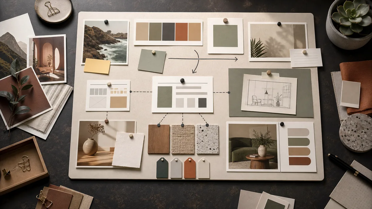 Illustration for Milanote: moodboard cards, references, and project sketches are organized into a visual plan