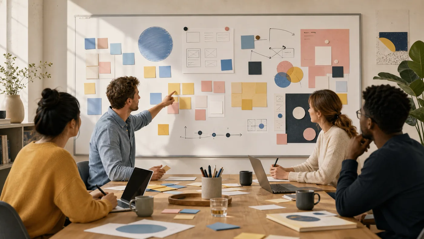 Illustration for Miro: workshop board with colored notes, diagrams and team alignment