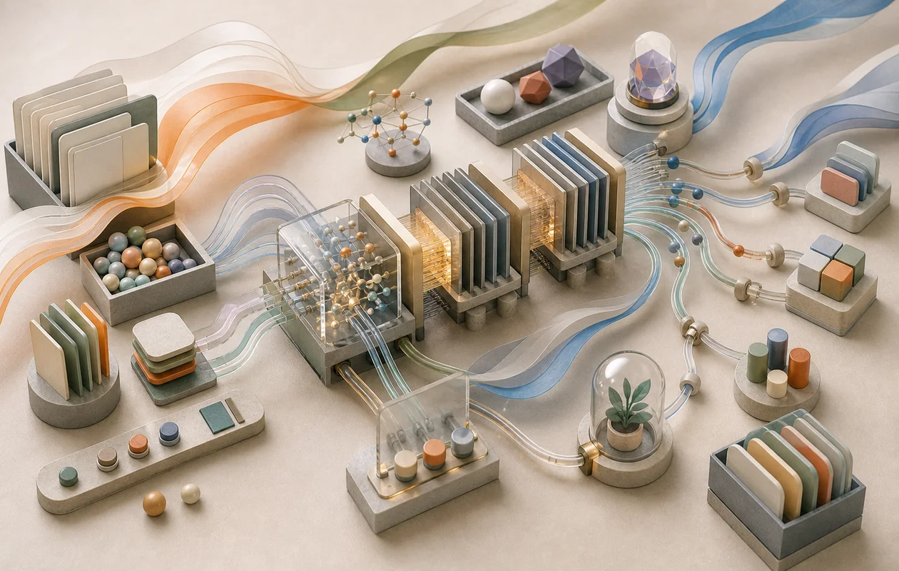 Illustration for Mistral: editorial workflow scene for Mistral with tool-related work objects