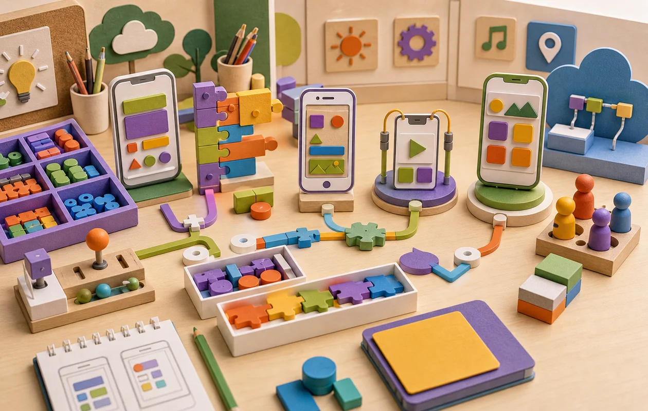Illustration for MIT App Inventor: editorial workflow scene for MIT App Inventor with tool-related work objects