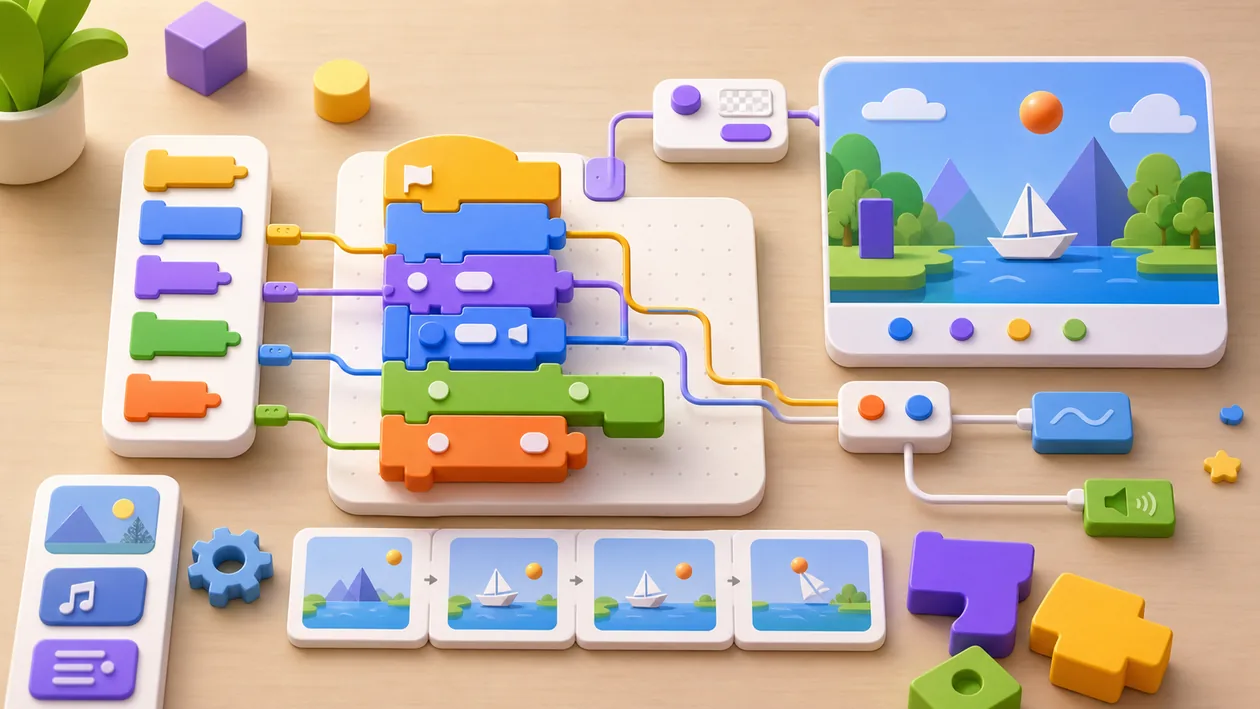 Illustration for MIT Scratch: colorful programming blocks connect into a simple interactive scene