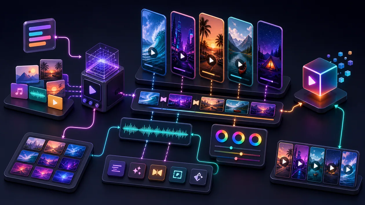 Illustration for Mivi: media fragments, clips, and export modules are assembled into short video variants