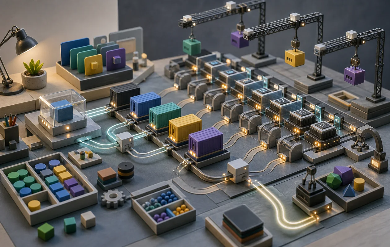 Illustration for Modal: editorial workflow scene for Modal with tool-related work objects