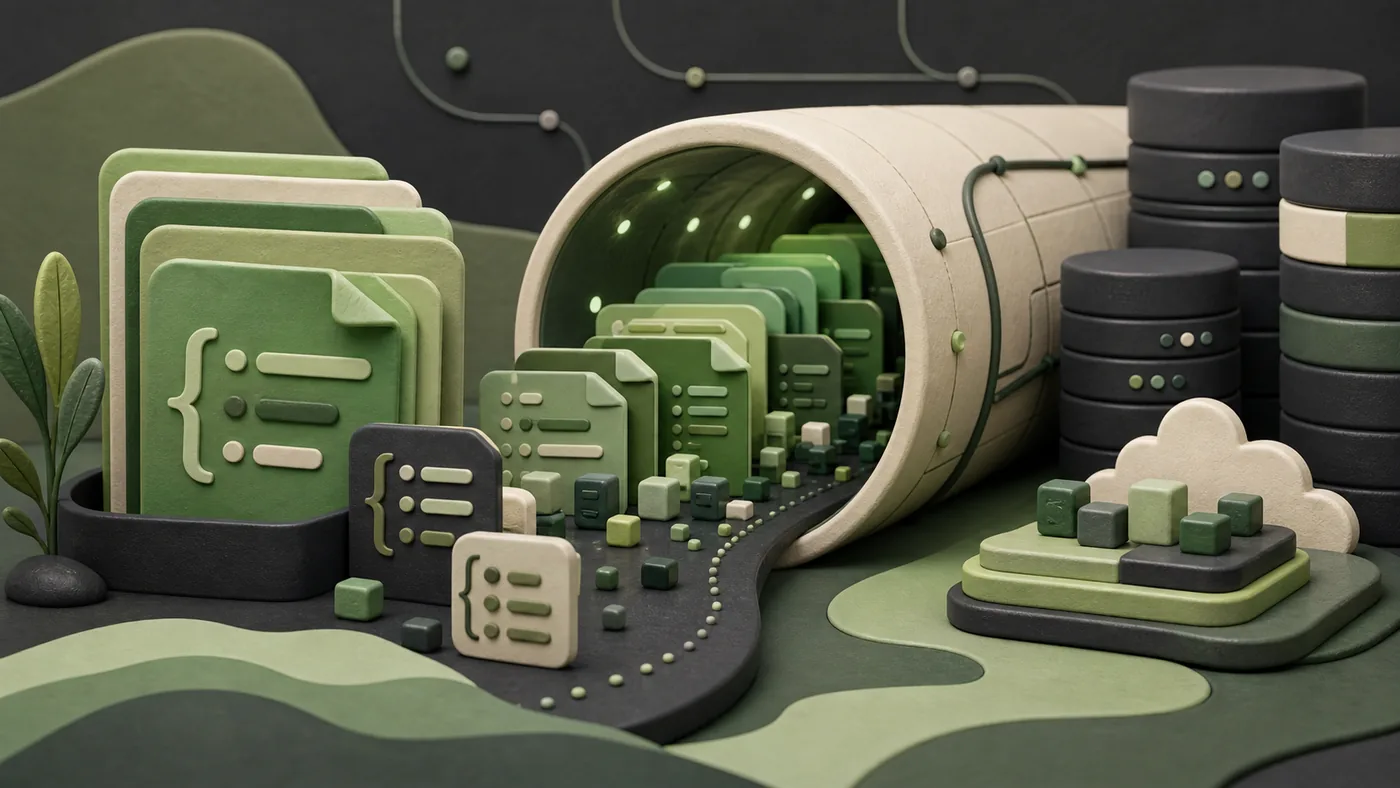 Illustration zu MongoDB: gr?ne Dokumentkarten flie?en durch einen skalierbaren Datenbanktunnel