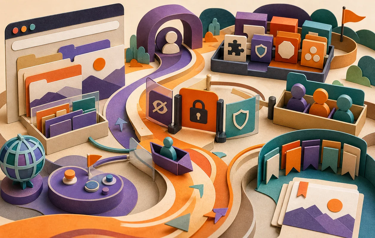 Illustration zu Mozilla Firefox: redaktionelle Workflow-Szene zu Mozilla Firefox mit toolbezogenen Arbeitsobjekten