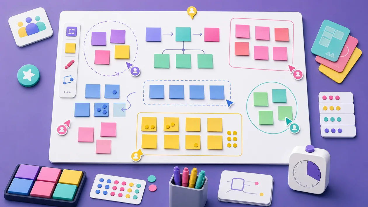 Illustration for MURAL: sticky notes, clusters, and voting points structure a workshop canvas
