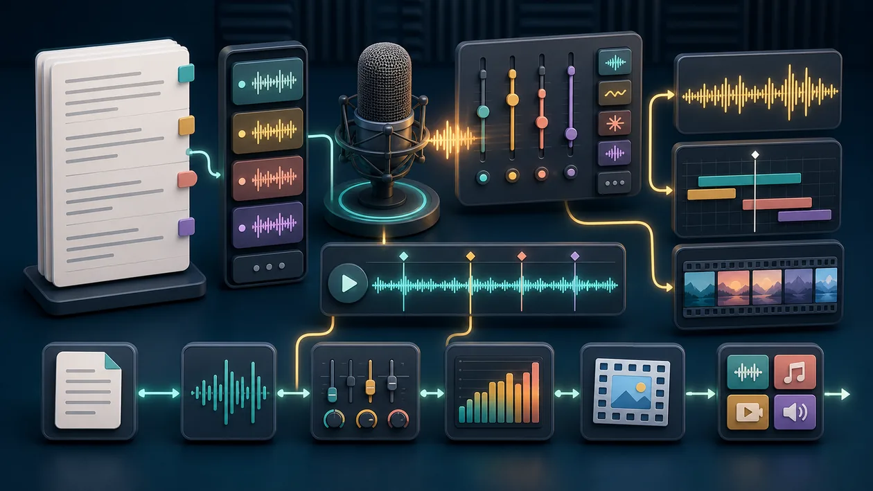 Illustration for Murf: script cards, waveforms, and timing tracks connect into voiceover production
