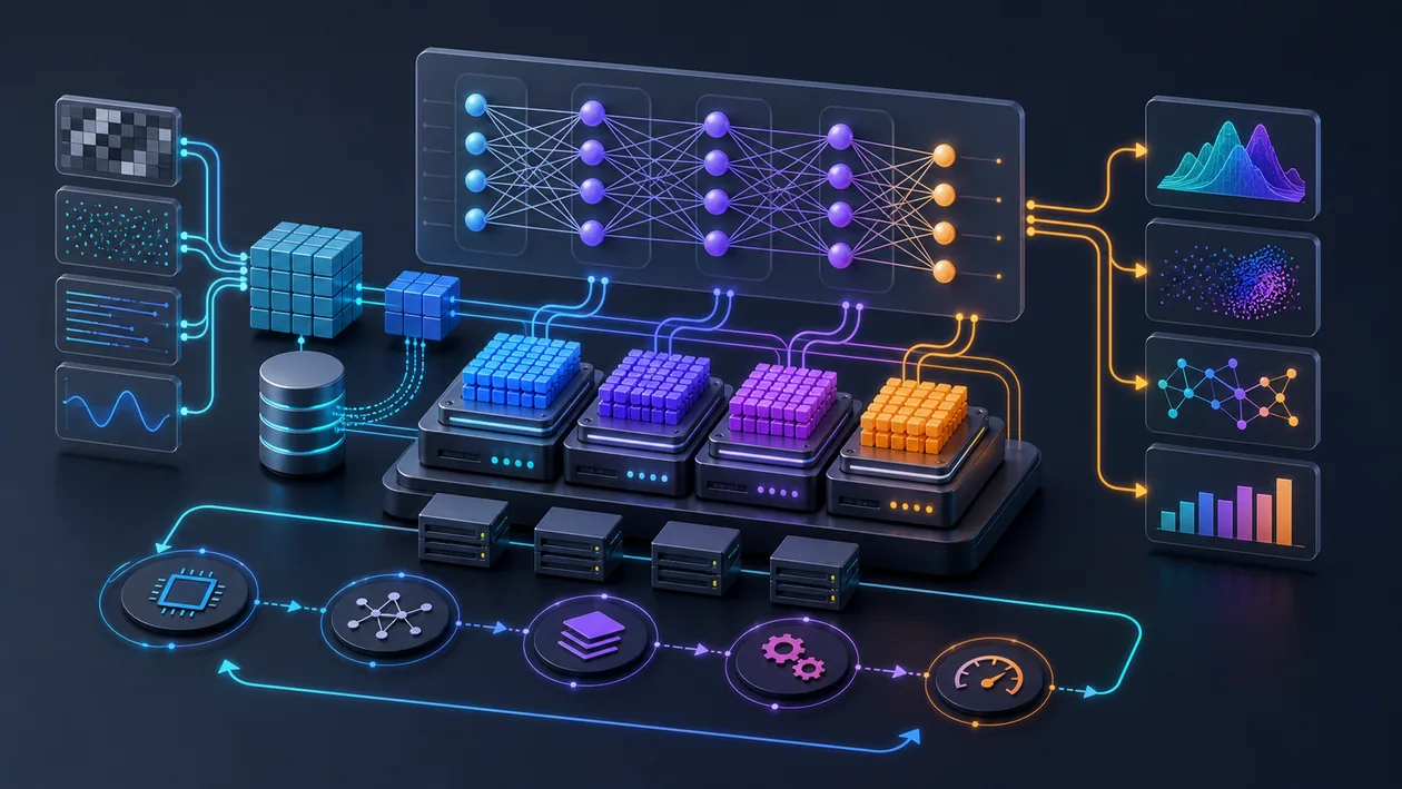 Illustration zu MXNet: Tensorbloecke, Modellgraphen und Trainingspfade bilden eine Deep-Learning-Architektur