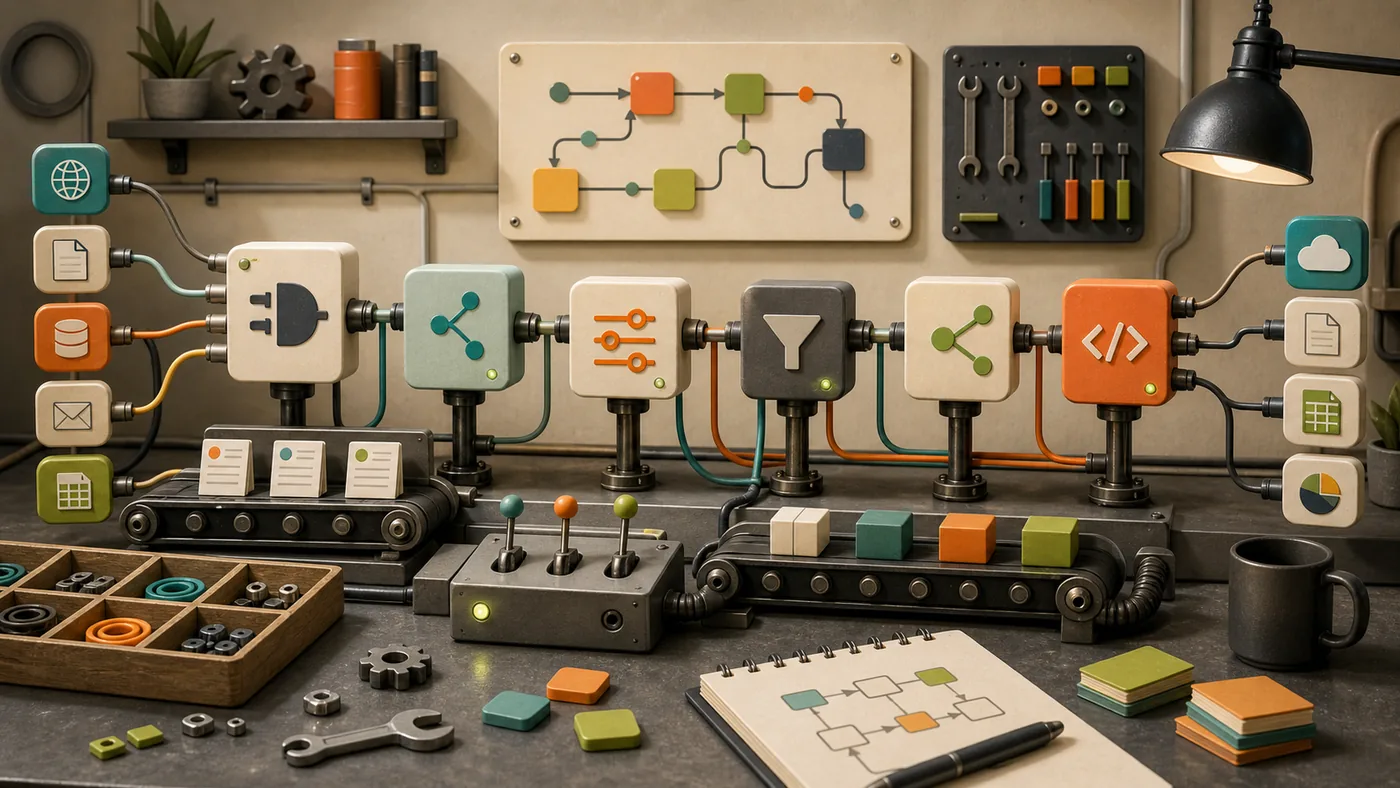 Illustration for n8n: node blocks and cables connecting automations on a workbench