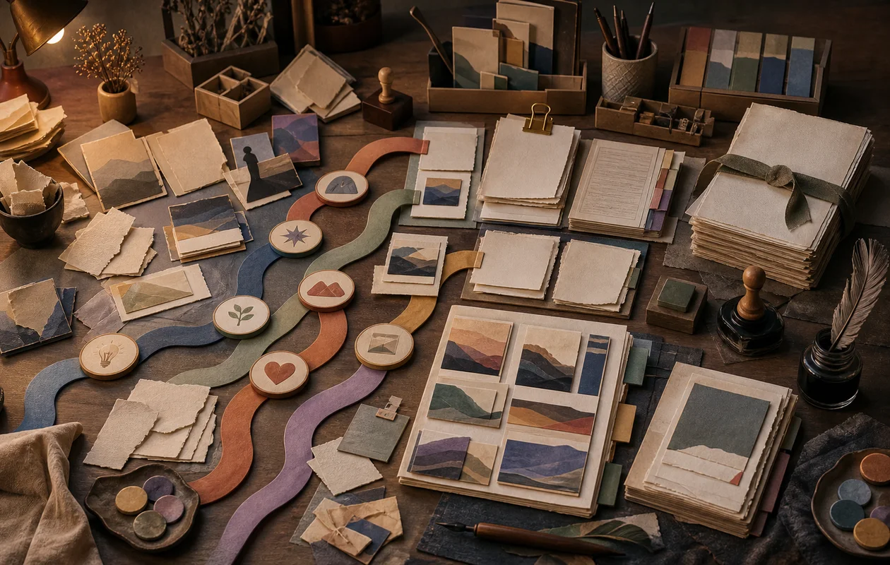 Illustration for Narrative: editorial workflow scene for Narrative with tool-related work objects