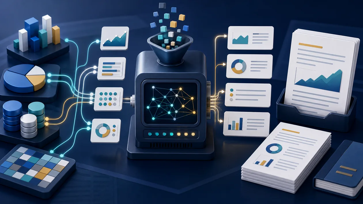Illustration for Narrative Science: data cards and charts turn into explanatory report narratives