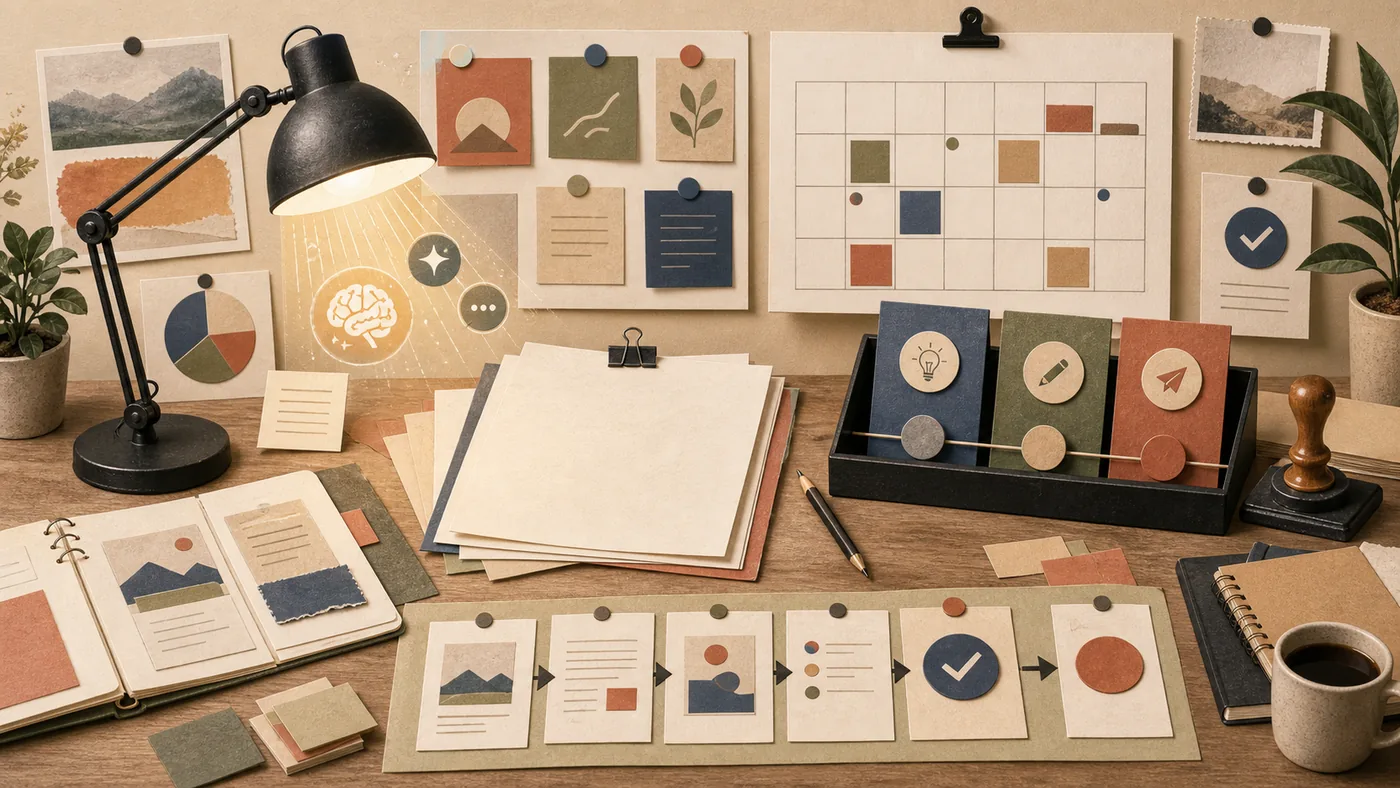 Illustration for Narrato: an editorial desk organizing drafts, planning and approvals