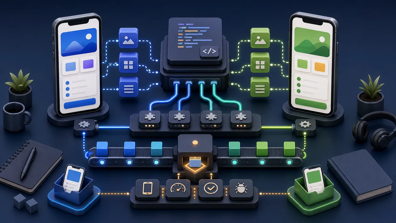 Illustration for NativeScript: shared components branch into two mobile app outputs