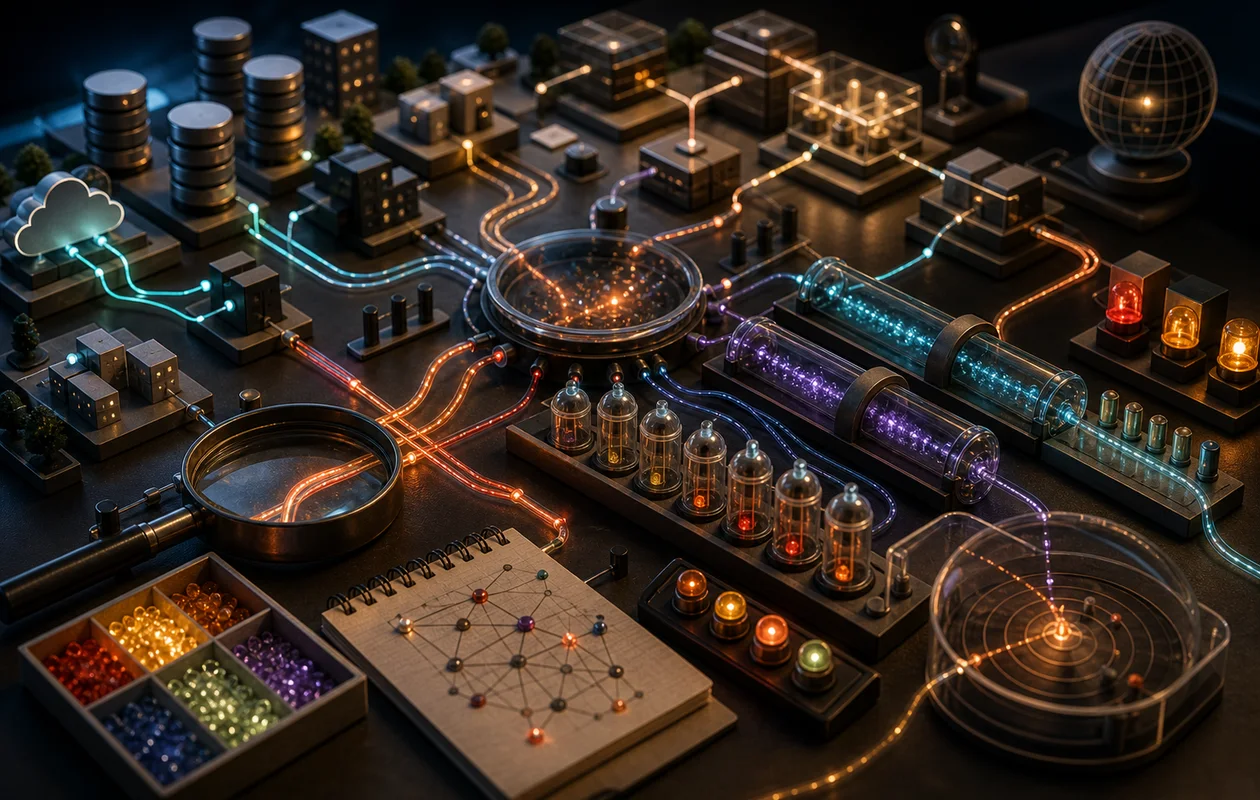 Illustration for New Relic: editorial workflow scene for New Relic with tool-related work objects