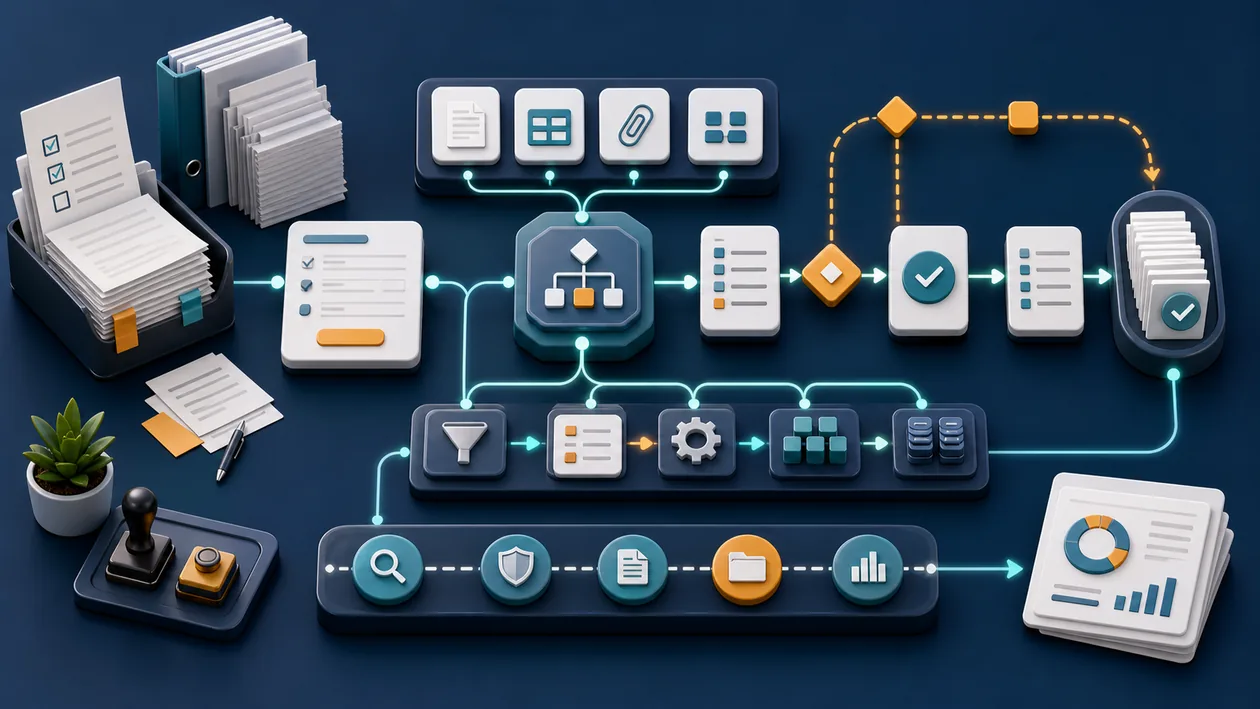 Illustration for Nintex: forms, approvals, and documents move through an automated workflow