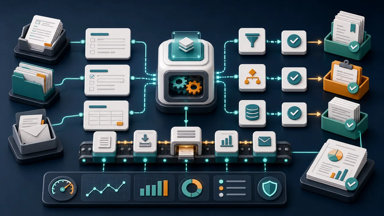 Illustration for Nintex RPA: Documents, forms, and approvals move through automated bot paths