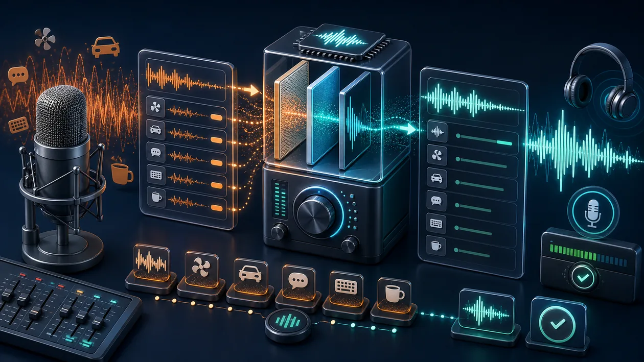 Illustration for Noise Blocker: Noise waves are filtered into a clean audio signal