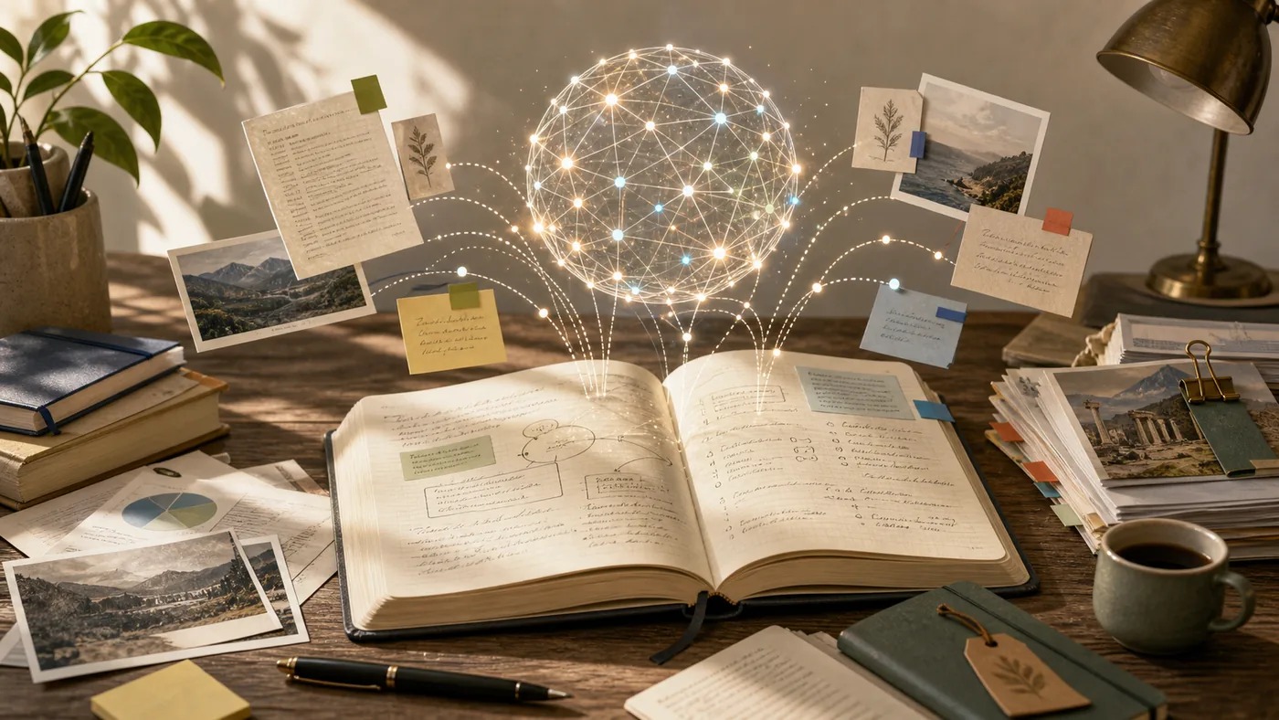 Illustration for NotebookLM: sources and notes gathering into a glowing knowledge core