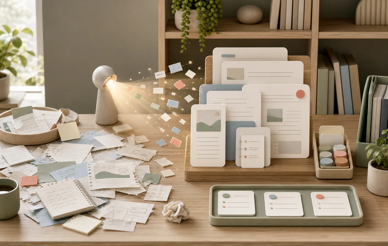 Illustration for Notion AI: editorial workflow scene for Notion AI with tool-related work objects