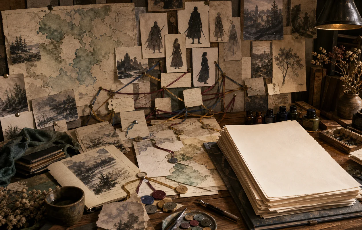Illustration for NovelAI: editorial workflow scene for NovelAI with tool-related work objects